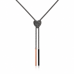 JUN139 Black Rhodium and Leopard Gemstone Heart Bolo Necklace with Mismatched Enamel Tips