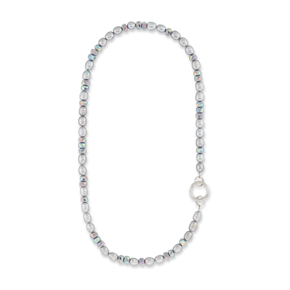 Dynamic Silhouette Jumbo Gray Crystal & Gray Pearl Fixed Necklaces