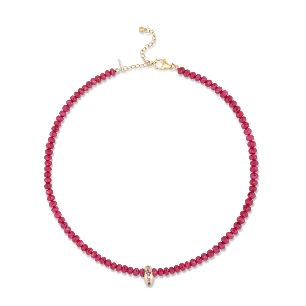 Cranberry Kringle Ruby Adjustable Necklace with 14K Yellow Gold and Pink Sapphire Bead, 16.00"-18.00"