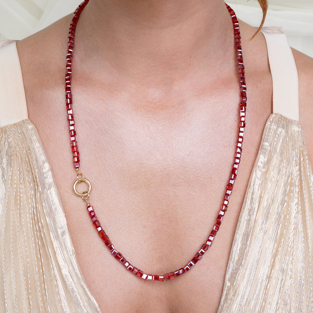 Scream Queen Red Cube Crystal Fixed 26.00" Necklace with Yellow Gold Vermeil Enhancer Clasp