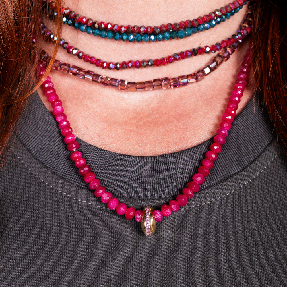 Cranberry Kringle Ruby Adjustable Necklace with 14K Yellow Gold and Pink Sapphire Bead, 16.00"-18.00"