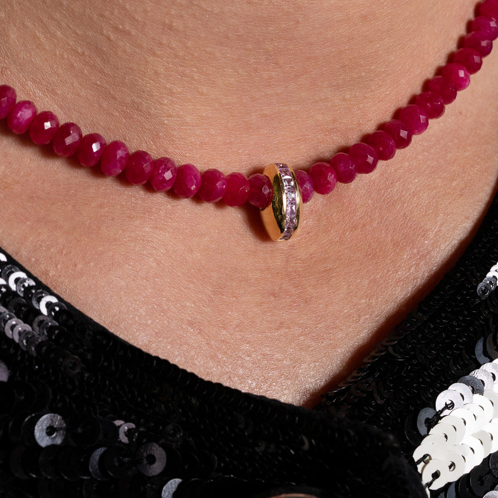Cranberry Kringle Ruby Adjustable Necklace with 14K Yellow Gold and Pink Sapphire Bead, 16.00"-18.00"