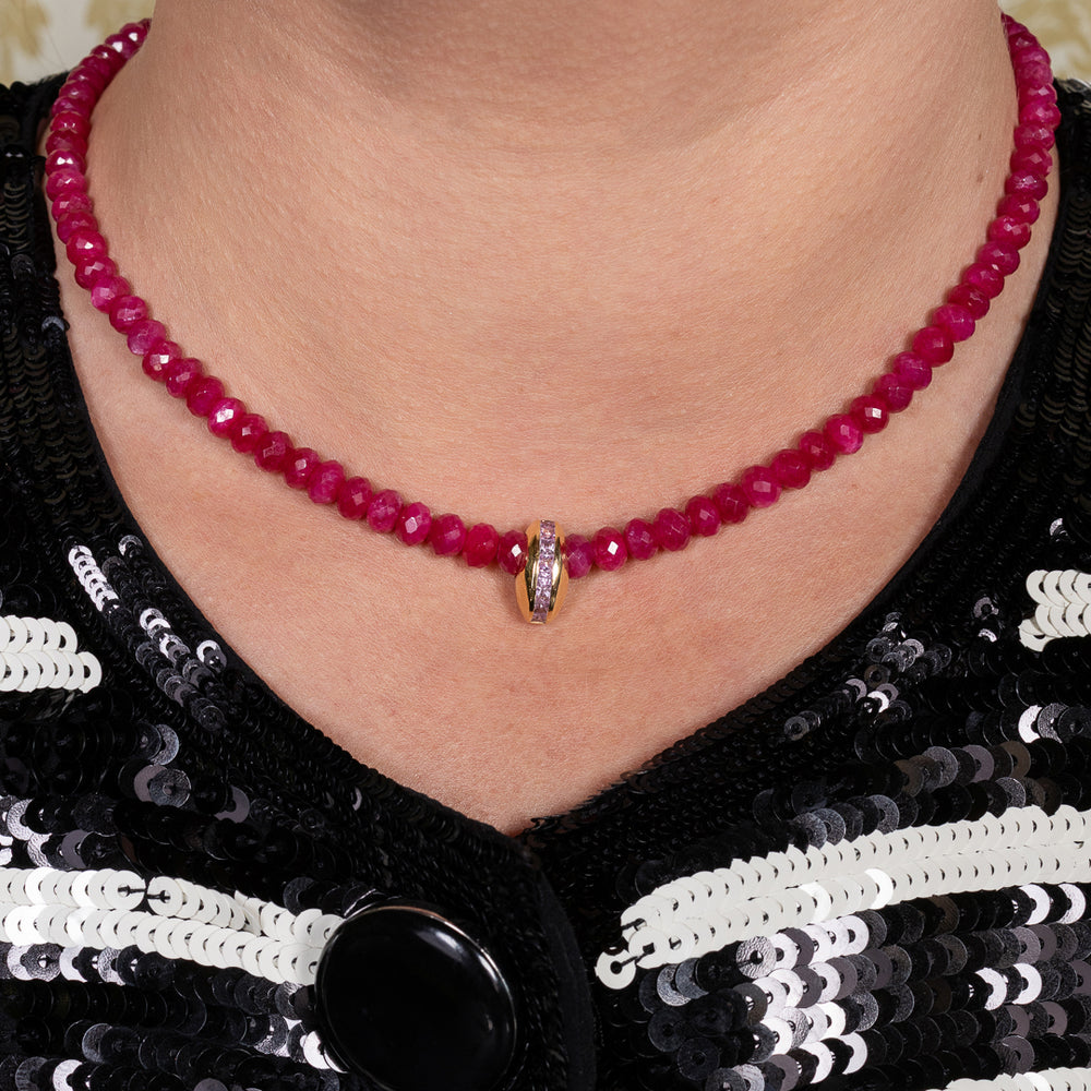 Cranberry Kringle Ruby Adjustable Necklace with 14K Yellow Gold and Pink Sapphire Bead, 16.00"-18.00"