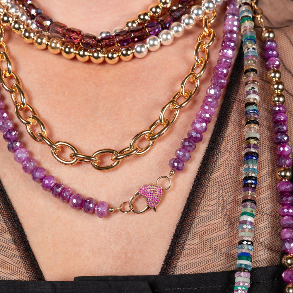 Fuchsia Frenzy Jumbo Purple Moonstone Fixed 22.00" Necklace with 14K Yellow Gold and Pink Sapphire Clasp