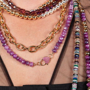 Fuchsia Frenzy Jumbo Purple Moonstone Fixed 22.00" Necklace with 14K Yellow Gold and Pink Sapphire Clasp
