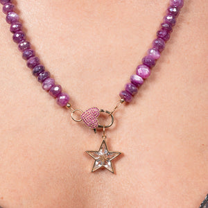Fuchsia Frenzy Jumbo Purple Moonstone Fixed 22.00" Necklace with 14K Yellow Gold and Pink Sapphire Clasp