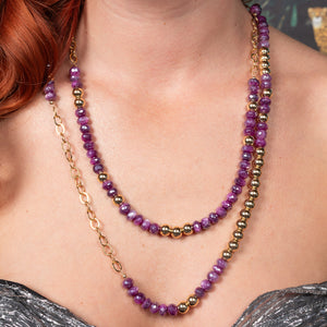 Fuchsia Frenzy Jumbo Purple Moonstone, Gold Fill Bead and Gold Fill Chain Deluxe 60.00" Necklace