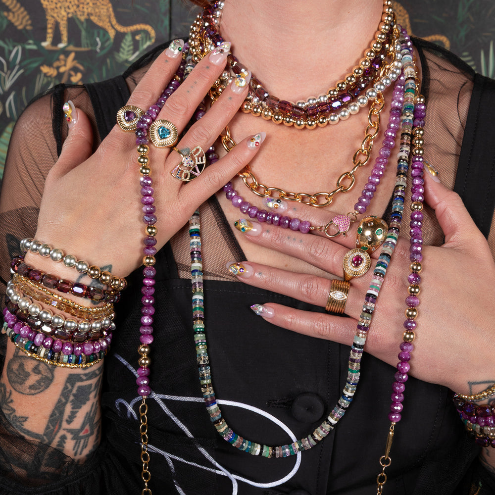 Fuchsia Frenzy Jumbo Purple Moonstone Fixed 22.00" Necklace with 14K Yellow Gold and Pink Sapphire Clasp