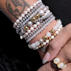 Polished Edge Jumbo White Crystal, Yellow Gold Fill and Sterling Silver Bead Bracelet