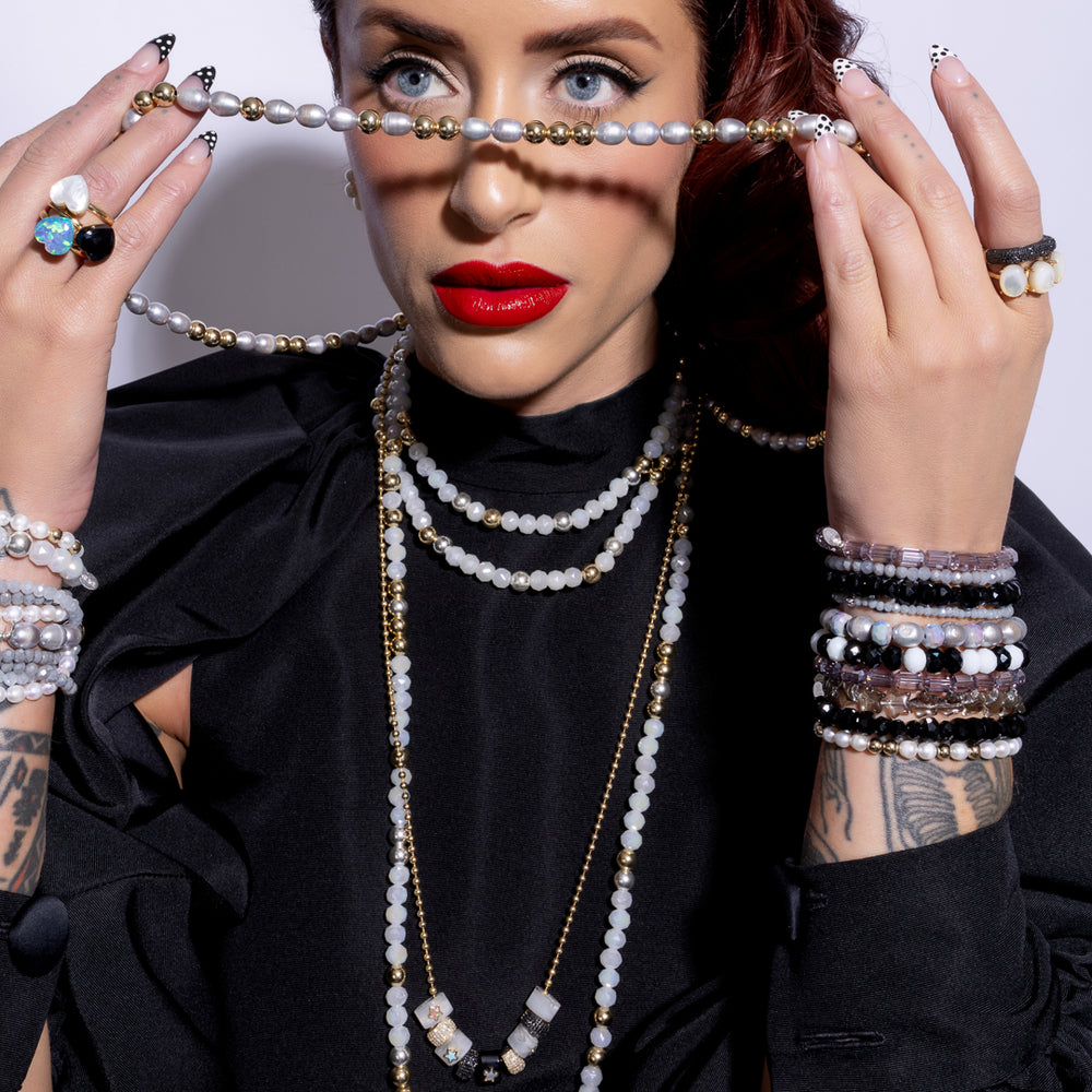 Polished Edge Jumbo White Crystal, Yellow Gold Fill and Sterling Silver Bead Fixed 42.00" Necklace with Gold Vermeil Clasp