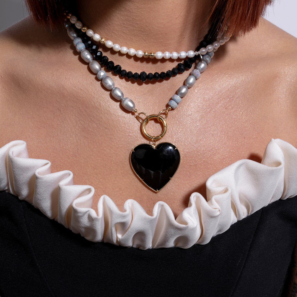 Dynamic Silhouette Jumbo Gray Crystal & Gray Pearl Fixed Necklaces