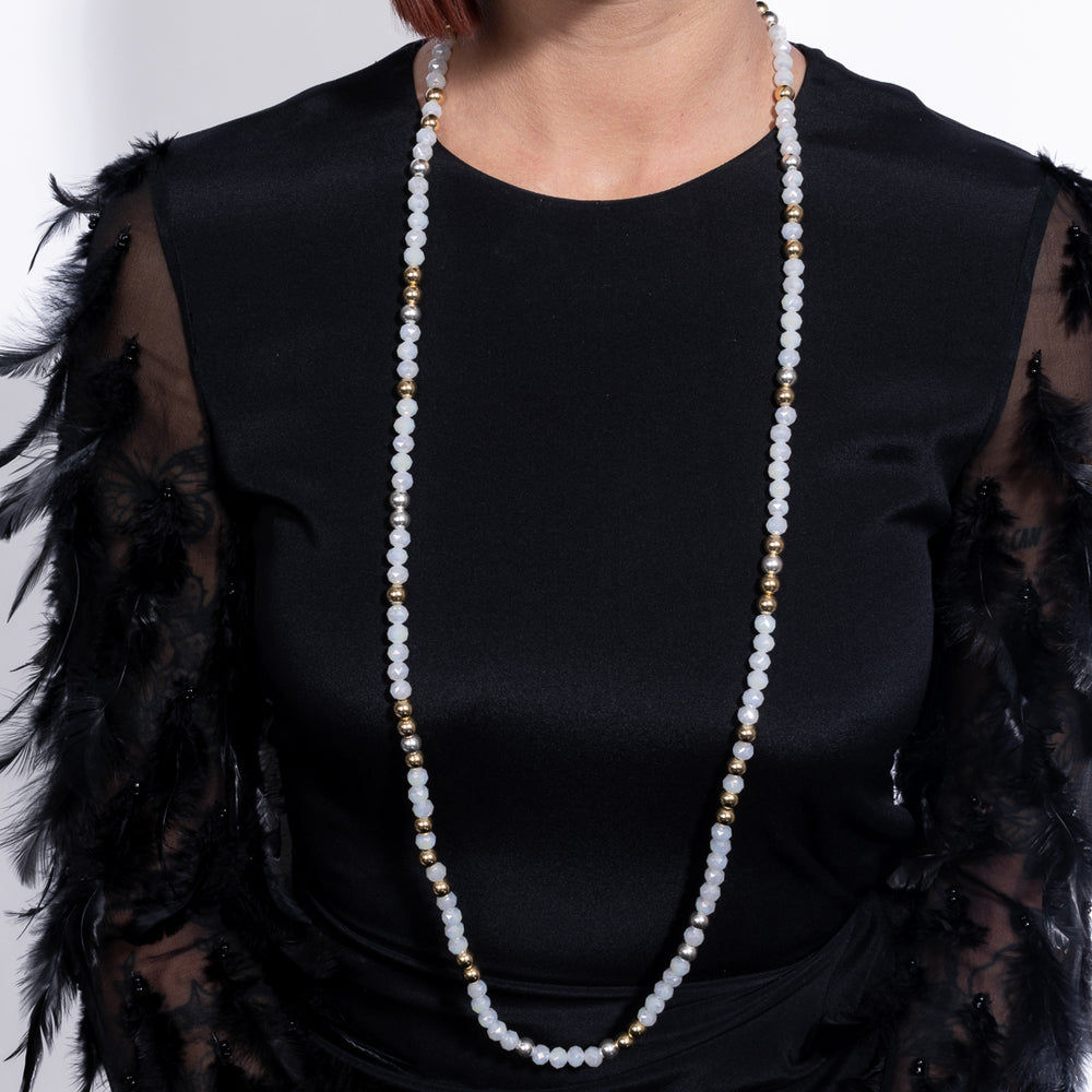 Polished Edge Jumbo White Crystal, Yellow Gold Fill and Sterling Silver Bead Fixed 42.00" Necklace with Gold Vermeil Clasp