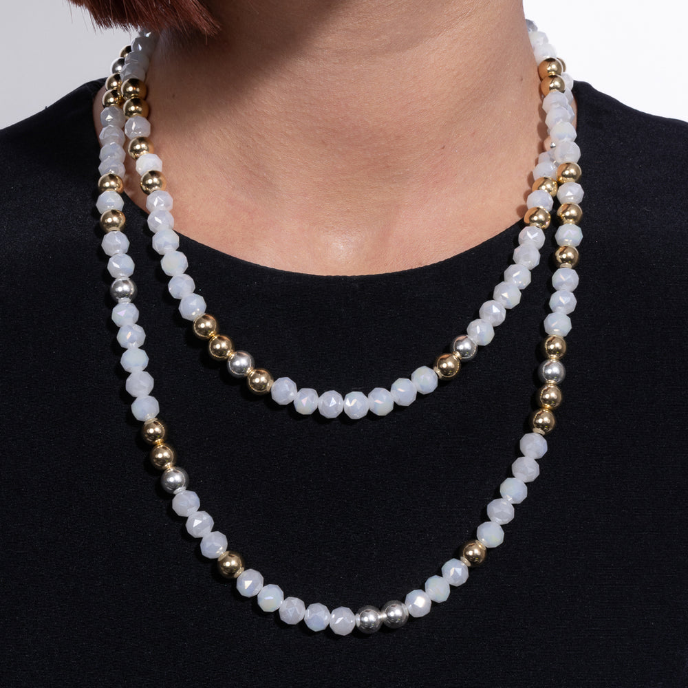 Polished Edge Jumbo White Crystal, Yellow Gold Fill and Sterling Silver Bead Fixed 42.00" Necklace with Gold Vermeil Clasp