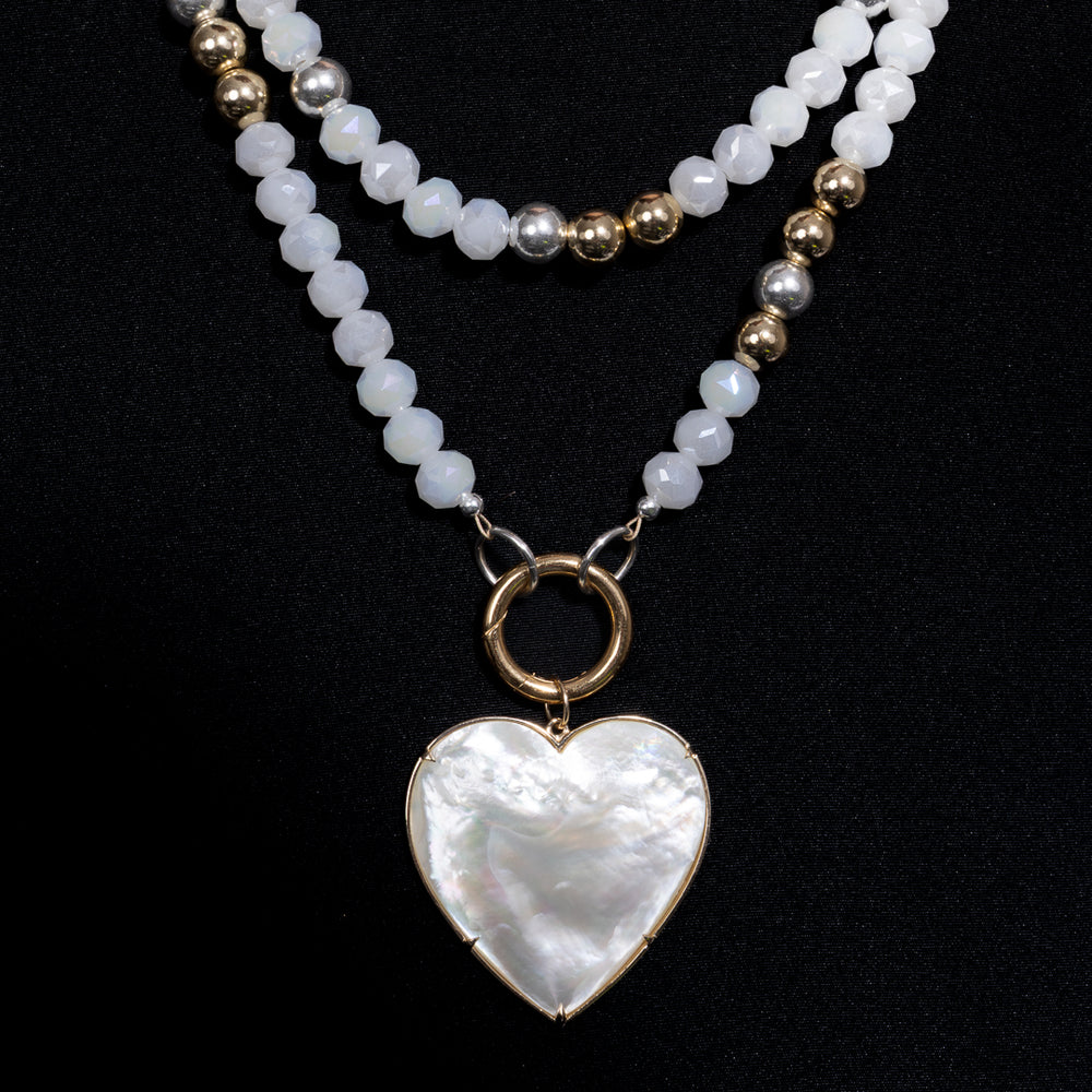 Polished Edge Jumbo White Crystal, Yellow Gold Fill and Sterling Silver Bead Fixed 42.00" Necklace with Gold Vermeil Clasp