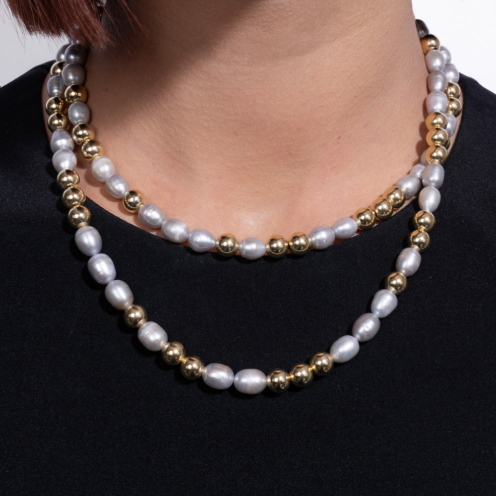 Classic Cadence Jumbo Gray Pearl and Yellow Gold Fill Bead Fixed 36.00" Necklace with Gold Vermeil Clasp