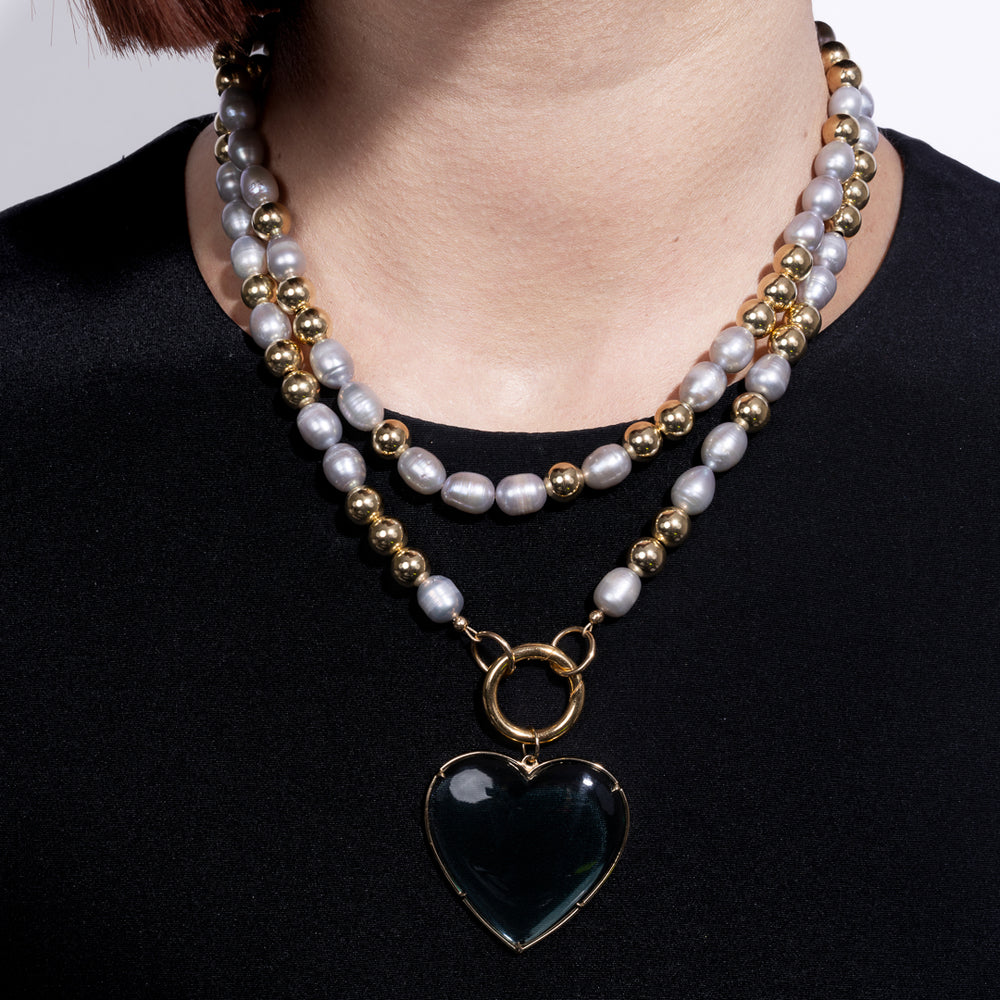 Classic Cadence Jumbo Gray Pearl and Yellow Gold Fill Bead Fixed 36.00" Necklace with Gold Vermeil Clasp
