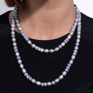 Dynamic Silhouette Jumbo Gray Crystal & Gray Pearl Fixed Necklaces