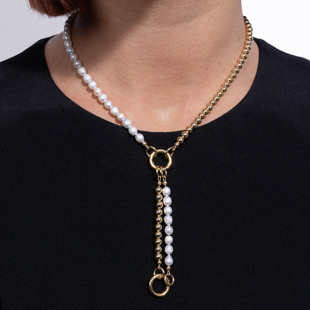 Sleek Ambition White Pearl & Yellow Gold Fill Bead Lariat Necklace