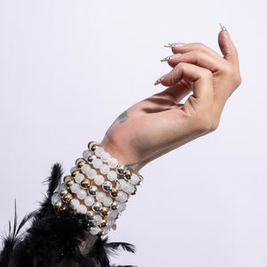 Polished Edge Jumbo White Crystal, Yellow Gold Fill and Sterling Silver Bead Bracelet