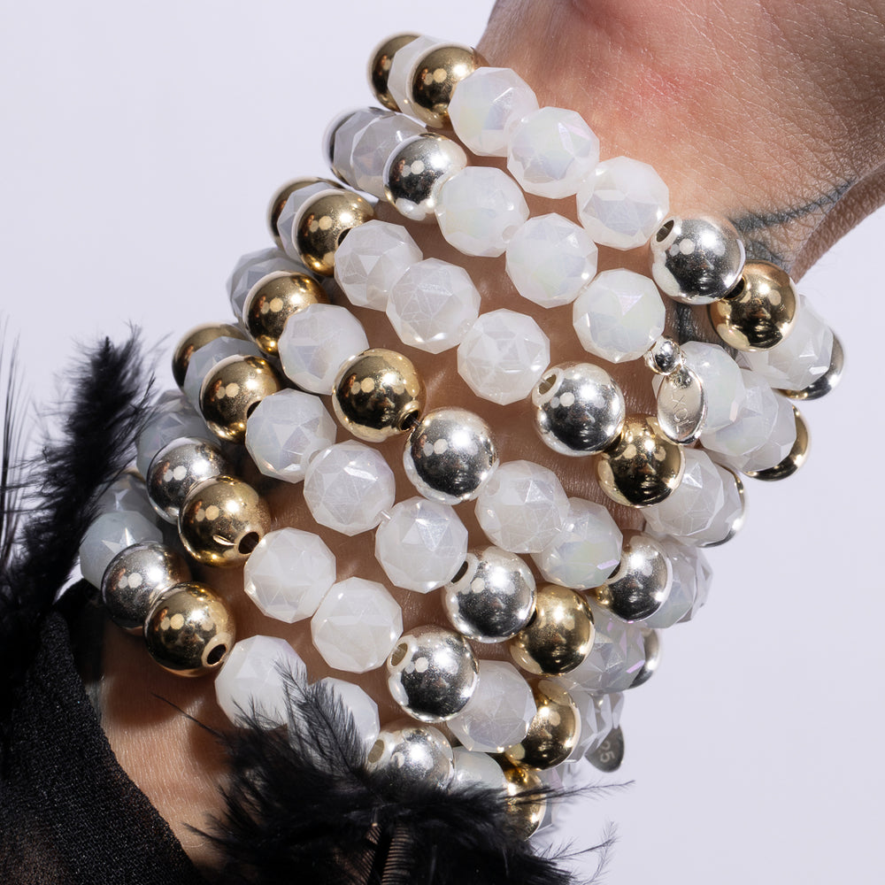 Polished Edge Jumbo White Crystal, Yellow Gold Fill and Sterling Silver Bead Bracelet