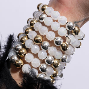 Polished Edge Jumbo White Crystal, Yellow Gold Fill and Sterling Silver Bead Bracelet